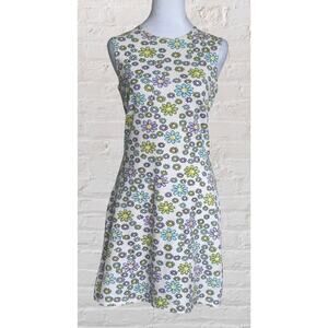 Vintage 70s Aqua Blues Floral Psychedelic Shift Mini Dress Sz M Hippie Garden